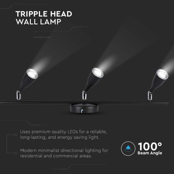 Aplique LED V-TAC - Cabezal triple - IP20 - Negro - 13.5W - 1260 Lumens - 3000K-extra-1.webp