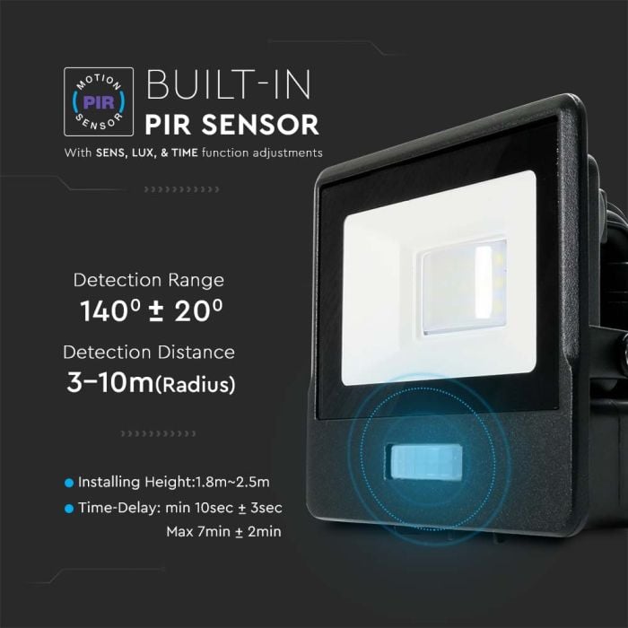 Proyector LED V-TAC - Samsung - Sensor PIR - Impermeable IP65 - Negro - 10W - 735 Lumens - 3000K - Pack de 6-extra-5.webp