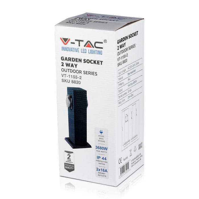 Adaptadores y Tomas V-TAC - 2 Vías - Tomas de Jardín - IP44 - Gris Oscuro-extra-5.webp