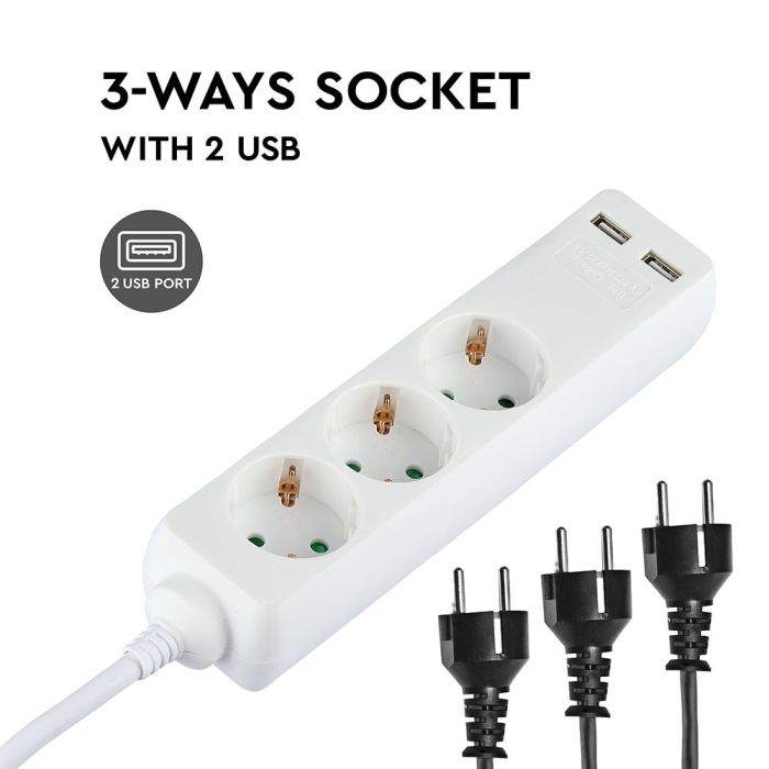 Adaptadores y tomas V-TAC - 3 vías - Toma de extensión USB - IP20 - Blanco - Cable de 5 m-extra-1.webp