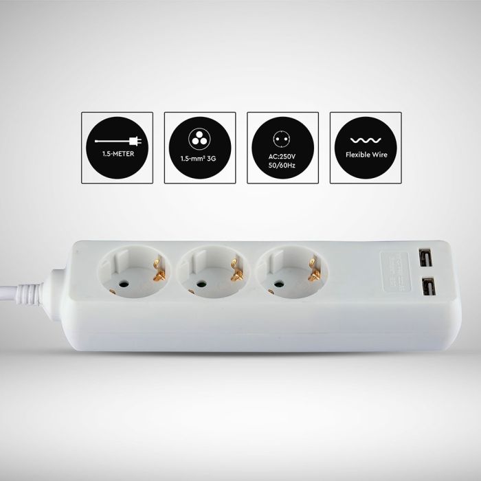 Adaptadores y tomas V-TAC - 3 vías - Toma de extensión USB - IP20 - Blanco - Cable de 1,5 m-extra-6.webp