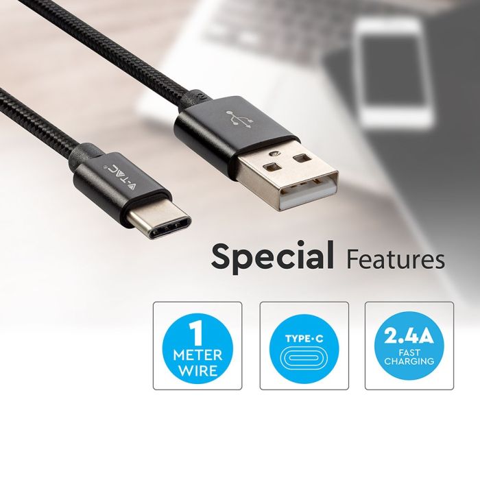 V-TAC Cable USB - Trenzado - Tipo C - Platinum Series - Negro - 1M-extra-4.webp