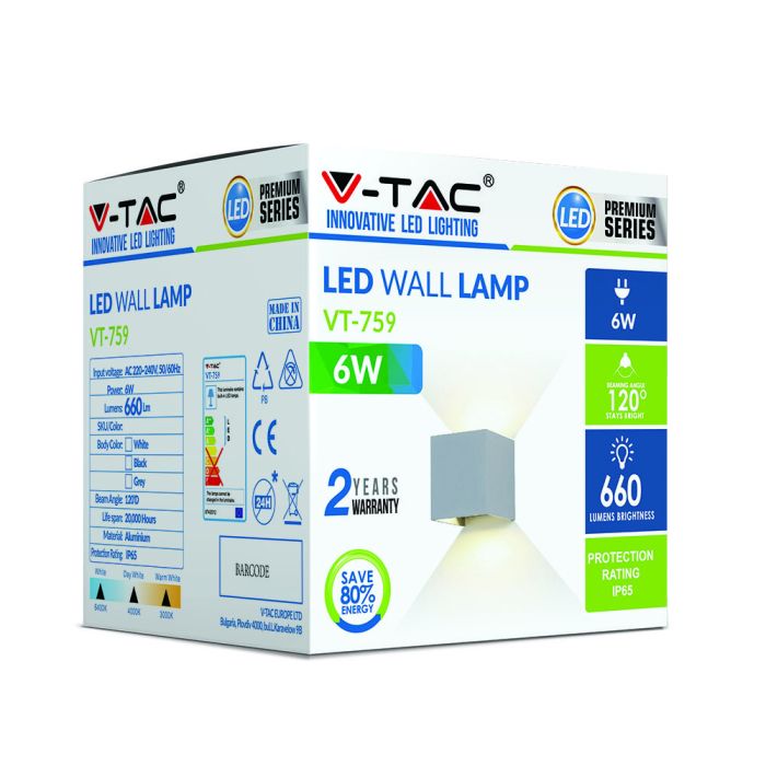 V-TAC LED Aplique Cuadrado - Bridgelux - IP65 Estanco - Gris - 6W - 660 Lumens - 4000K-extra-5.webp