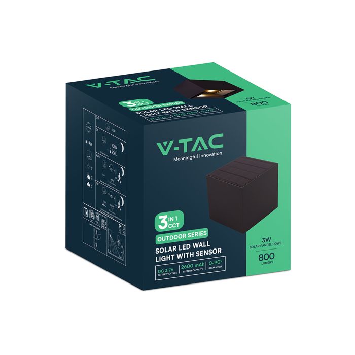 V-TAC Sensor Solar Luz de Pared - IP65 Impermeable - Negro - 9W- 800 Lumens - 3IN1-extra-12.webp