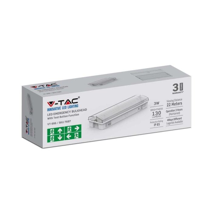 Luces de Emergencia V-TAC - Mamparas - 24 Horas - IP65 Impermeable - Blanco - 3W - 130 Lúmenes - 6400K-extra-3.webp