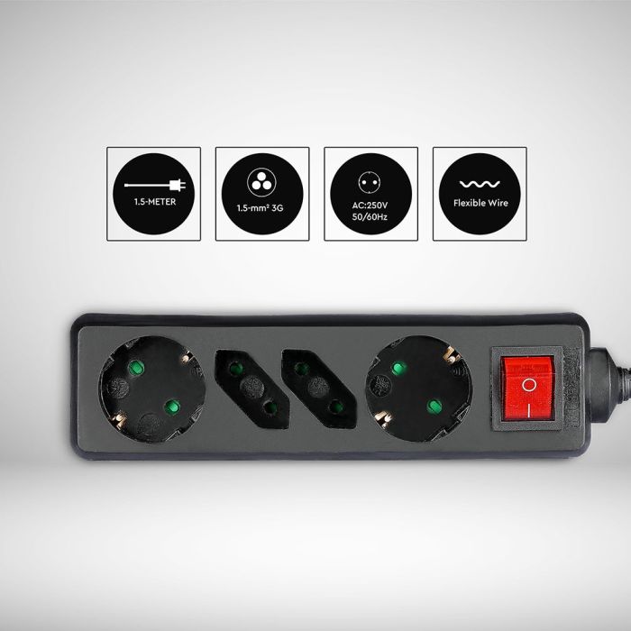 V-TAC Adaptadores y Tomas - 4 Vías - Extensión de Interruptor - IP20 - Negro - 1.5m Cable-extra-5.webp