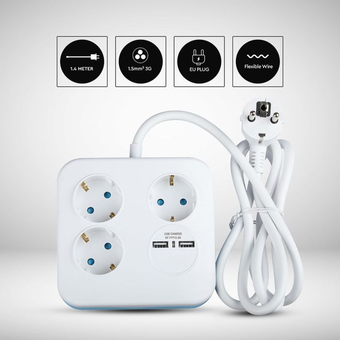 Adaptadores y tomas V-TAC - 3 vías - Toma de extensión USB cuadrada - IP20 - Blanco - Cable de 1,4 m-extra-4.webp