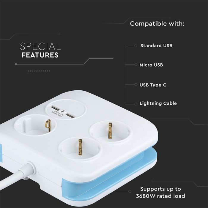 Adaptadores y tomas V-TAC - 3 vías - Toma de extensión USB cuadrada - IP20 - Blanco - Cable de 1,4 m-extra-5.webp