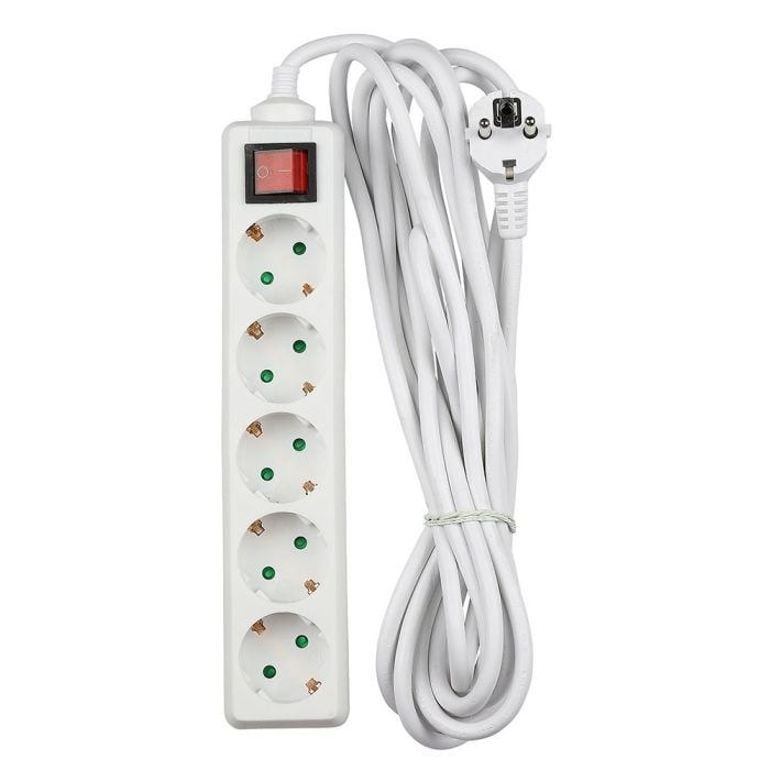 V-TAC Adaptadores y Tomas de Corriente - 5 Vías - Toma de Extensión para Interruptor - IP20 - Blanco - 5m de Cable