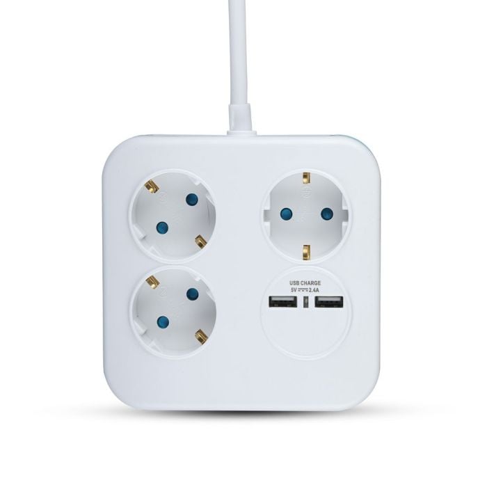 Adaptadores y tomas V-TAC - 3 vías - Toma de extensión USB cuadrada - IP20 - Blanco - Cable de 1,4 m