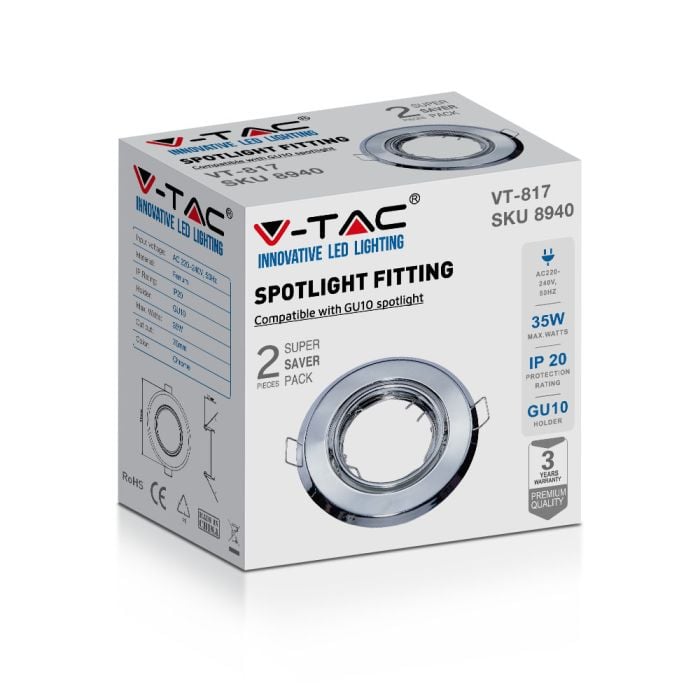 V-TAC LED Aro redondo - Empotrable - GU10 - IP20 - Cromo  - Pack de 2